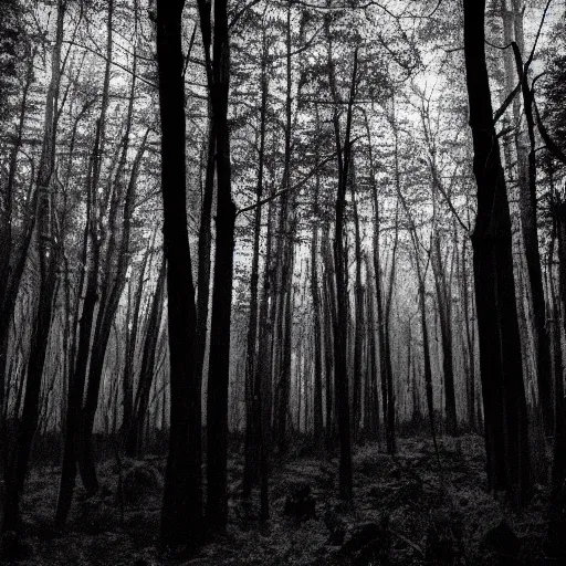 Image similar to a black and white blurry phone photo of a monster in a forest at night