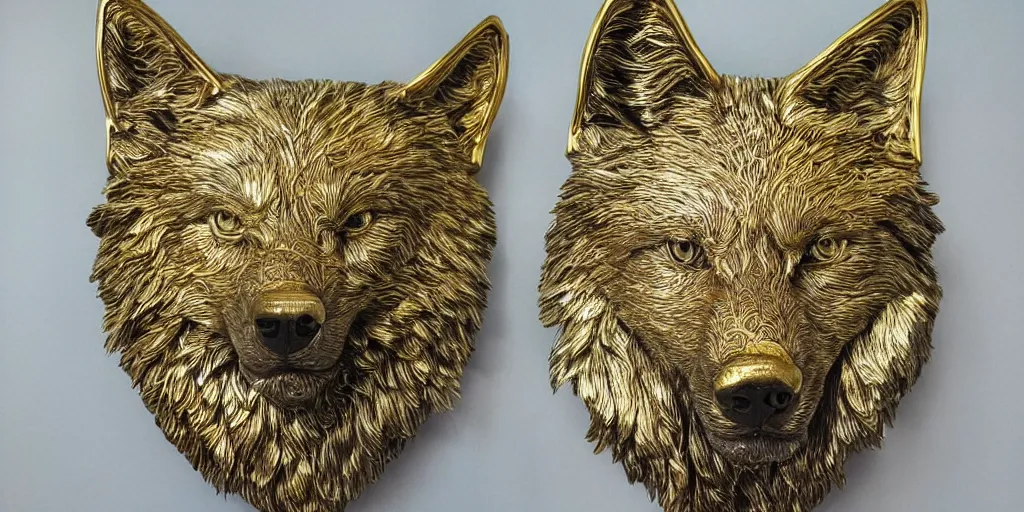 Prompt: gorgeous wolf statue portrait with gold filigree