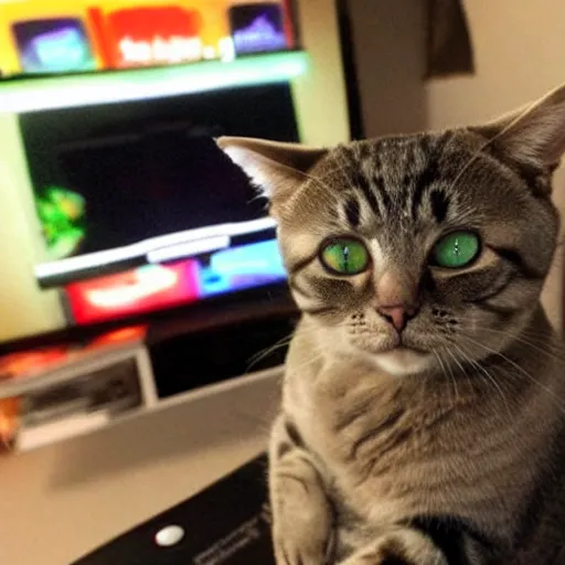 Prompt: a beautiful cat is playing Xbox