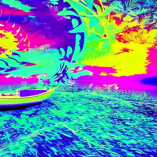 Prompt: Psychedelic trip, vibrant, boat, ultra high quality, 8k, cinematic, realistic