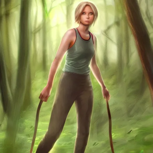 Prompt: jennifer lawrence as a pokemon trainer, in a dark forest, extremely detailed digital art, trending on artstation hyper realistic matte painting