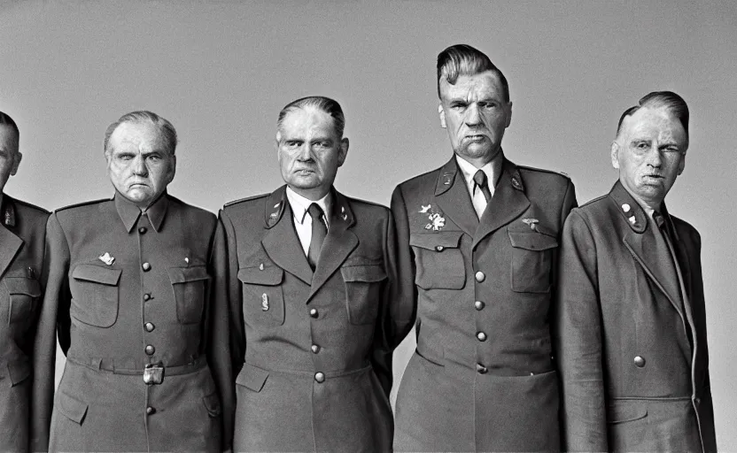 Image similar to 50s movie still close-up portrait of three individual elder soviet generals with very diverses faces in a stalinist style hall, by Irving Penn, Cinestill 800t 50mm black and white, heavy grainy picture, very detailed, high quality, 4k, HD criterion, precise texture, facial precision, diverse haircuts, diverse ages, each faces precisely define