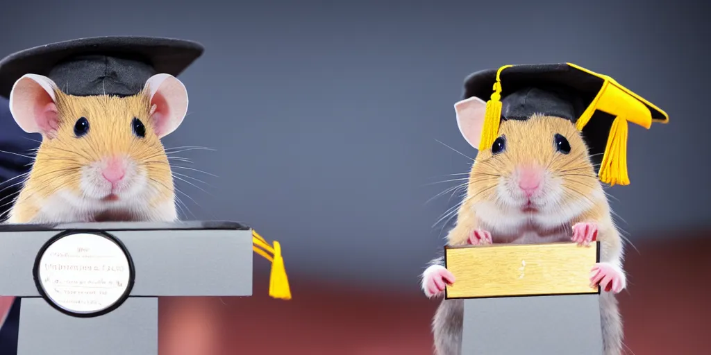 Image similar to An award-winning photo of a hamster in a graduate hat doing a speech from a speech tribune , volumetric lights, university, cinematic, 8K, award-winning photo, perfect moment