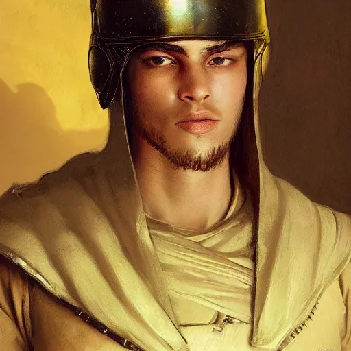 Image similar to Medium closeup young idealistic and pious male Imperial soldier wearing a black tabard with light yellow accents over a gambeson and a {perfect barbut helm}, by Raymond Swanland Greg Rutkowski Lise Deharm, {perfect face}, {perfect eyes}