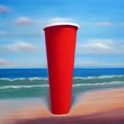 Prompt: an oil painting of a giant white styrofoam cup on the beach, the beach has red water, surrealism