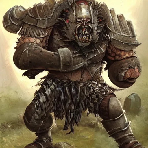 Image similar to raging armored bugbear wielding rusty cleaver grappling gnoll wayne reynolds