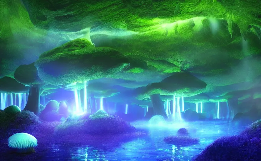 Prompt: a beautiful and stunning professional digital artwork of a glowing mushroom cave, haze, spores floating in the air, waterfall, volumetric lighting, hyperrealistic, green, blue, rtx on, ultra detail