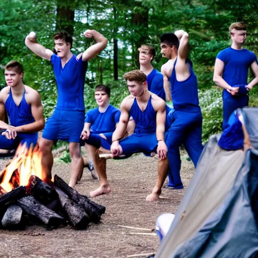 Prompt: male college gymnasts performing stunts around a campfire