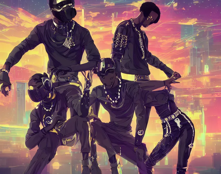 Prompt: afro - futuristic hip hop rappers, urban swagger, fashion and bling, hacking the multiverse of music and entertainment | hyperrealistic digital art | by makoto shinkai, ilya kuvshinov, lois van baarle, ross draws | afro - futurism, in the style of black panther, 4 k, trending on artstation | dark color scheme