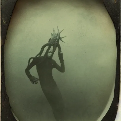 Image similar to tintype photo, swimming deep underwater, alien squid