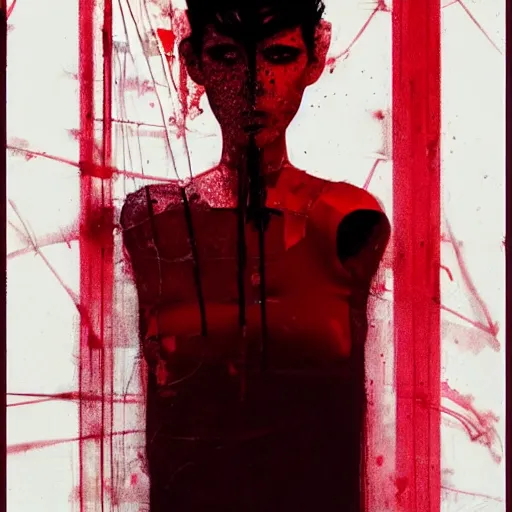 Image similar to pelham puppet behind red curtains by Conrad Roset and Nicola Samuri, medium shot, rule of thirds, seductive look, beautiful, intricate, dystopian, sci-fi, extremely detailed, digital painting, artstation, concept art, smooth, sharp focus, intimidating lighting, incredible art, details visible, very dark ambiance