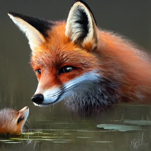 Prompt: a portrait of a cute fox drinking from a pond, by stanley lau and greg rutkowski