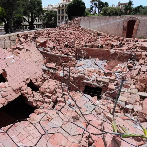 Prompt: Casa Rosada ruins after being hit by a missile
