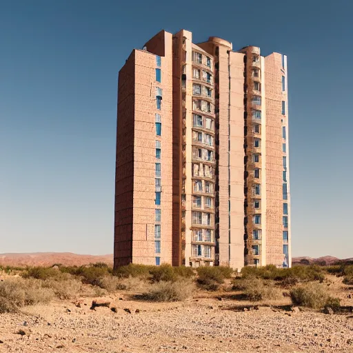 Image similar to Photograph of a tall soviet communist european residential block standing lonely in a desert, after dawn
