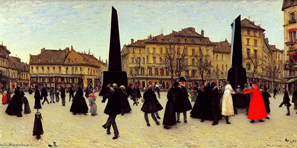 Image similar to people dancing around a black obelisk, old square in a beautiful town, high details, by leon augustin lhermitte