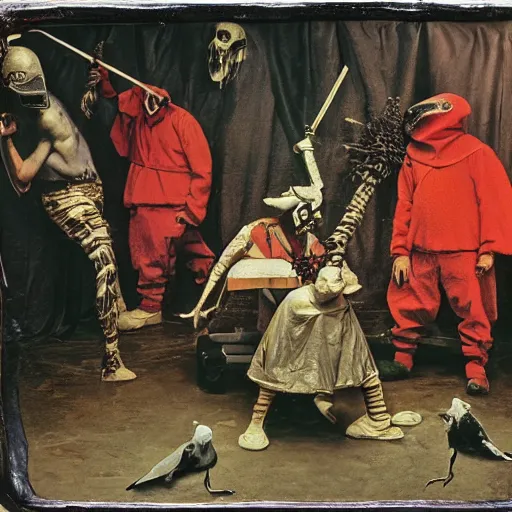 Prompt: 1 9 9 3 disposable camera color flash photo of a gang of plague doctors in the style of jan saudek, annie liebovitz, pieter bruegel the elder, joel peter witkin, gustave dore, heironymus bosch