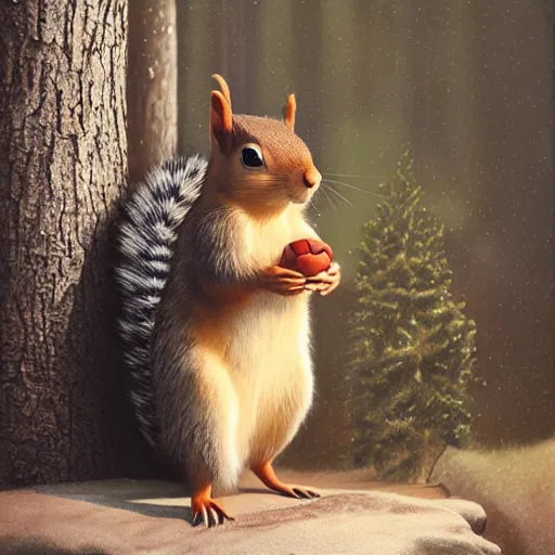 Image similar to an extremely handsome squirrel holding his puffy tail, painted by Mike Winkelmann