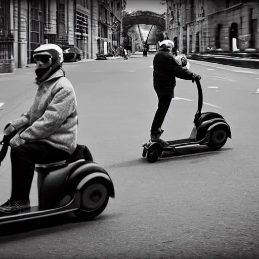 Image similar to an old mod riding a mobility scooter with lots of mirrors realistic cinematic 3 5 mm