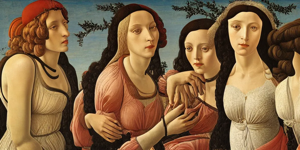 Image similar to a painting of a woman and two other women, a surrealist painting by sandro botticelli, polycount, renaissance, da vinci, pre - raphaelite, fresco