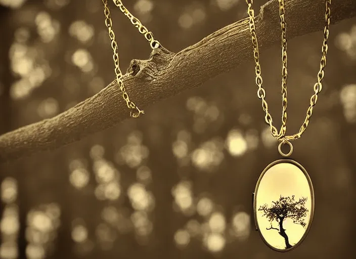 Prompt: old retro burnt out sepia photograph with scratches of a branch with a hanging golden necklace with a hanging tiny slim open oval rusty golden locket pendant with a retro (portrait of an elegant and aesthetic woman royalty!!) . with trees visible in the background with bokeh. Antique. High quality 8k. Intricate. Sony a7r iv 35mm. Award winning. Zdzislaw beksinski