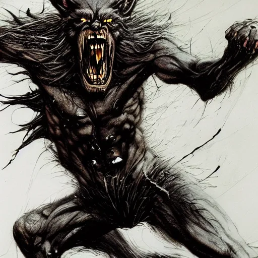 Image similar to dynamic action shot of a werewolf with long fangs and extended claws leaping forward, exaggerated muscle anatomy, crazed expression, by bill sienkiewicz, simon bisley and stephen gammell, horror, dark fantasy, extremely hyperdetailed, ghostly, 8 k, photorealism, hyperrealism, atmospheric lighting w 9 6 0