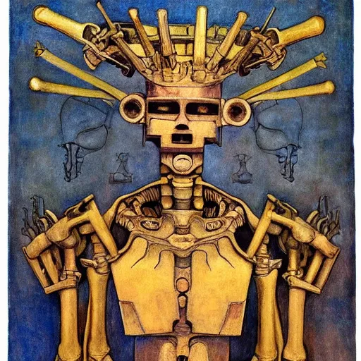 Prompt: the robot wearing the bone crown, by Annie Swynnerton and Diego Rivera, symbolist, dramatic lighting, elaborate geometric ornament, Art Brut ,god rays, soft cool colors,smooth, sharp focus, extremely detailed, Evelyn De Morgan