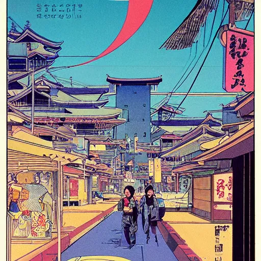 Image similar to 1979 magazine cover depicting a futuristic Japanese village at street level. Art in the style of Moebius, cyberpunk, masterpiece