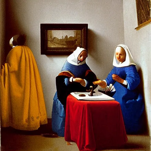 Image similar to 3 mary's, painting by vermeer
