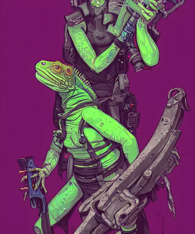 Prompt: a portrait of an anthropomorphic iguana holding a chainsaw, cyberpunk!, fantasy, elegant, digital painting, artstation, concept art, matte, sharp focus, illustration, art by josan gonzalez