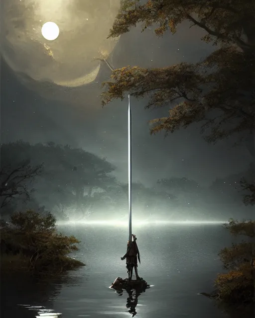 Prompt: ancient sword in the middle of a lake under a giant full moon, rippling reflections, trees and falling leaves, art by Raymond Swaziland and Greg Rutkowski, D&D, high fantasy, romantic, highly detailed, digital painting, trending on artstation, concept art, golden ratio, sharp focus, illustration, masterpiece, stunning