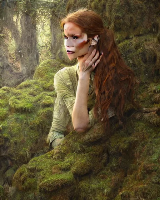 Image similar to a well - lit, realistic portrait oil painting of a thoughtful girl resembling a young, shy, redheaded irish alicia vikander or millie bobby brown in moss - covered ancient stone ruins at sunset, highly detailed, intricate, concept art, artstation, by donato giancola, ron cobb, and artgerm