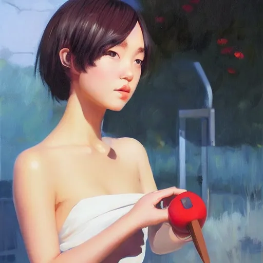 Image similar to oil painting by ilya kuvshinov,, baugh casey, rhads, coby whitmore, of a youthful japanese beauty, long hair, standing eating a popsicle outdoors by vending machines, highly detailed, breathtaking face, studio photography, dawn, intense subsurface scattering, blush, supple look, innocence, intense sunlight