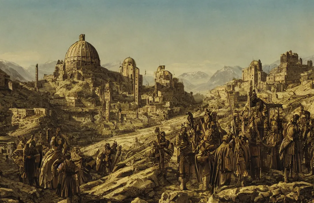 Prompt: Roman legionaries in imperial Russia, snow capped mountains, industrial citadel black domes and spires