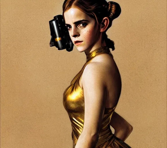 Image similar to photography of a sensual emma watson dressed like princess leia in a gold slave girl costume, deep focus, intricate, elegant, highly detailed, digital painting, artstation, concept art, matte, sharp focus, illustration, art by artgerm and greg rutkowski and alphonse mucha and gil elvgren