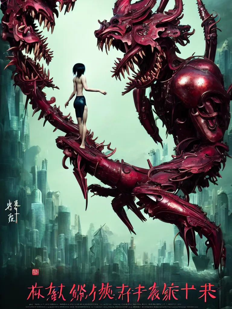 Image similar to exquisite imaginative creature beast from chinese mythology, sharp, ghost in the shell, slender and densely arranged teeth, poster art, movie art, elegant, by lucusfilm, weta studio and james jean, 8 k, denoised