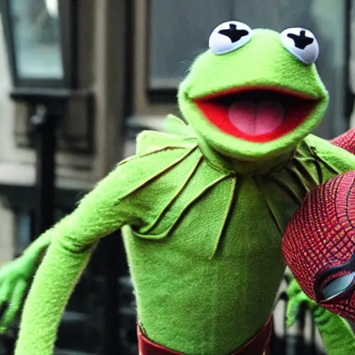 Image similar to photo of Kermit the frog as spider man in averngers movie