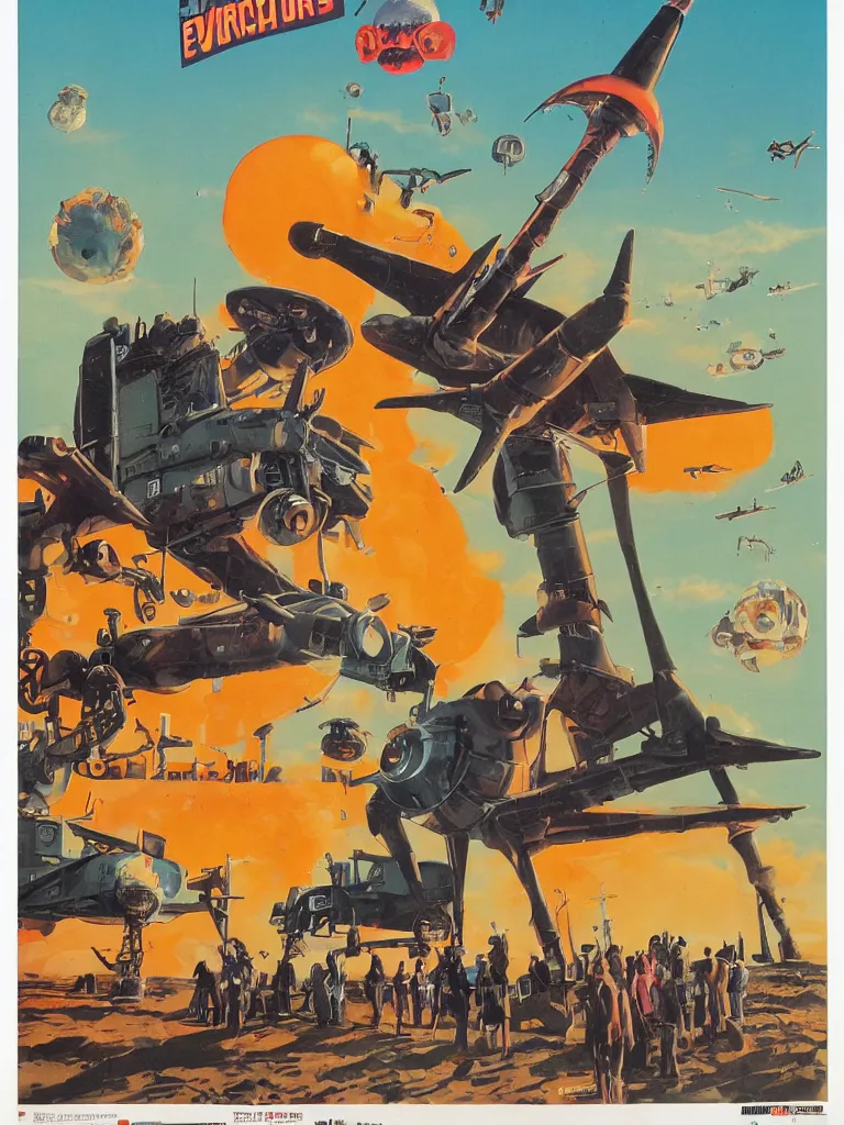 Image similar to evil cheeseburger stands on a beach rockets are landing in the background, forbidden planet, pulp sci fi, poster