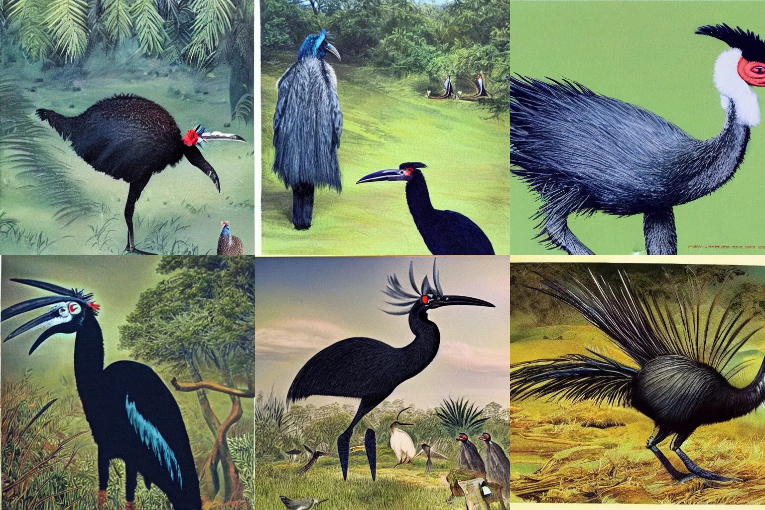 Prompt: beautiful illustration of the maned Arctic cassowary in the 1990 edition of the Great Book of the World's Birds