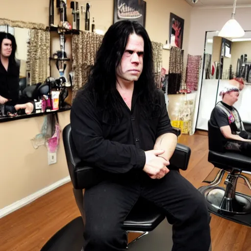 Prompt: glenn danzig with permed hair, at the salon getting a pedicure,