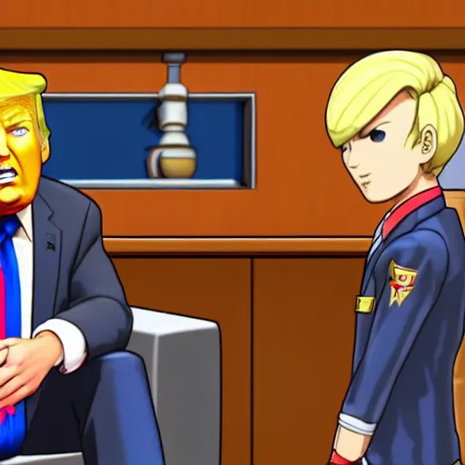 Image similar to donald trump being judged in phoenix wright, ace attorney, 4 k, high quality