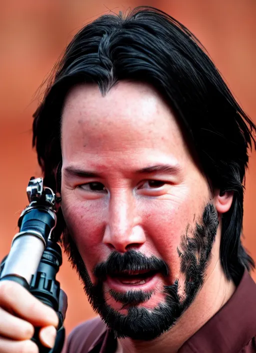 Prompt: close - up keanu reeves as a jedi holding a lightsaber, a red sand desert, 8 k, shallow depth of field, intricate detail,