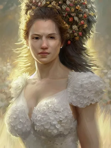 Prompt: a woman, wearing a cute white dress adorned with flowers. hugging a ferocious lion intricate, elegant, highly detailed, digital painting, artstation, concept art, sharp focus, illustration, by justin gerard and artgerm, 8 k