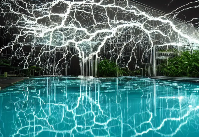 Image similar to pool of electrified water, electrical hazard, harvesting plant for lightning in a bottle.