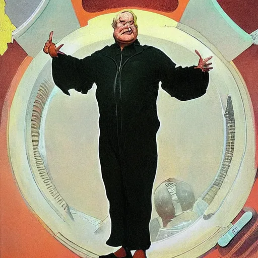 Image similar to full body portrait of actor Kenneth McMillan as baron harkonnen wearing ragged leather spacesuit and floating ten feet above floor in dystopian science fiction palace, painted by norman rockwell and tom lovell and frank schoonover, dune 1982 movie