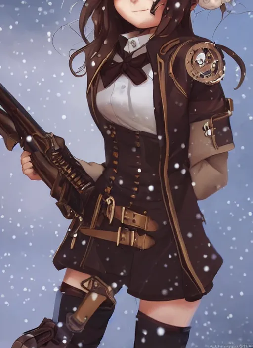 Image similar to girl with steampunk weapons and uniform, serious, intense, finely detailed, made by artgerm, full body portrait, illustration, snow, snowing, cloudy, anime, side view, perfect anime face, realistic face, zoomed out, smooth, brown eyes, high waisted shorts, sharp focus, key visual of your name