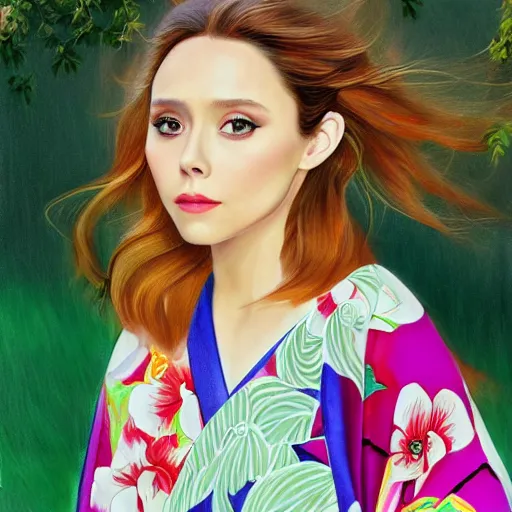 Prompt: Elizabeth Olsen as a young girl in kimono art drawn in art style of WLOP full HD 4K highest quality realistic beautiful gorgeous natural WLOP artist painting