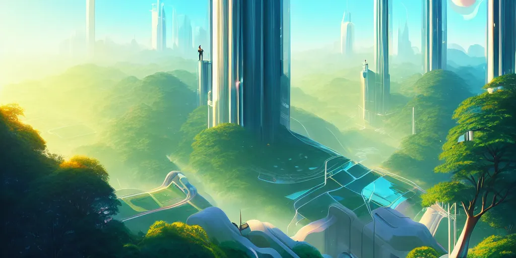 Prompt: futuristic city with tall shiny marble buildings in an evergreen valley, several waterfalls, landscape, global illumination, morning light, radiant light, bird's eye view, by lois van baarle, ilya kuvshinov, rossdraws, tom bagshaw