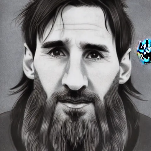 Prompt: illustration, Close-up portrait of Lionel Messi, long silver hair with a long beard, big nose, wearing a barca cape, katsuhiro tomo