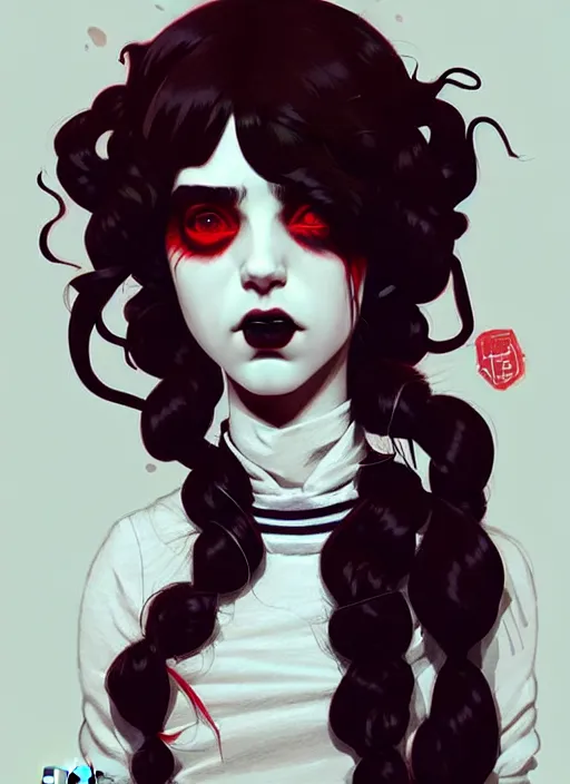 Prompt: highly detailed portrait of a goth teenager, tartan hoody, ringlet hair by atey ghailan, by greg rutkowski, by greg tocchini, by james gilleard, by joe fenton, by kaethe butcher, gradient red, black, cream and white color scheme, trending in pinterest, award winning details