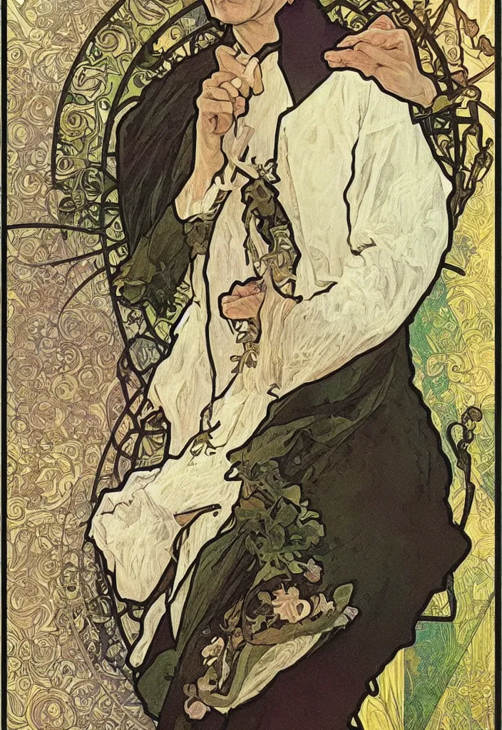 Image similar to realistic white - haired geoffrey hinton on a tarot card, tarot in art style by alphonse mucha